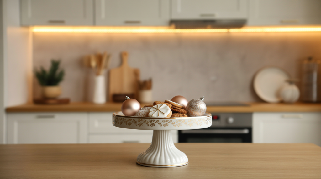 White cake stand with gold trim displaying cookies and ornaments adding festive charm to a Christmas kitchen.