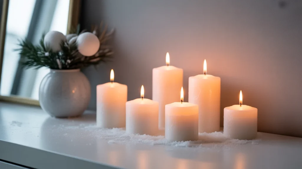 white christmas candles giving warm soft lighting in a winter bathroom