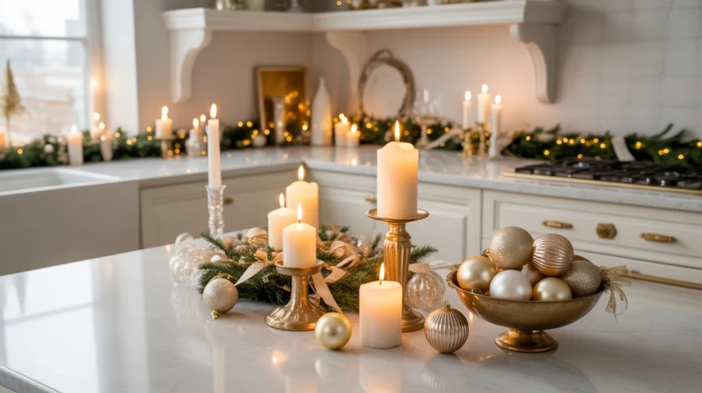 White and gold Christmas kitchen decor for elegant festive style