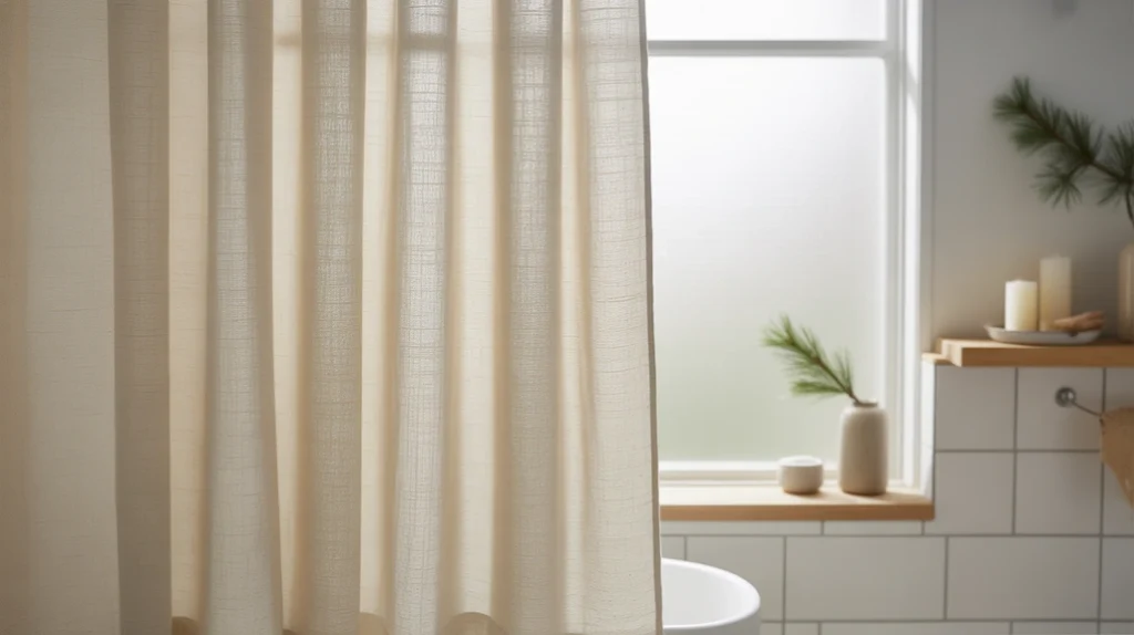 white linen-style shower curtain creating a clean backdrop for scandinavian christmas bathroom styling