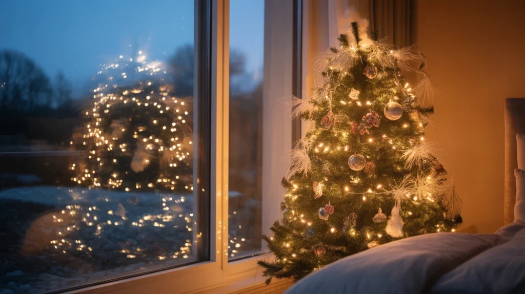Bedroom Christmas tree near window with glowing lights