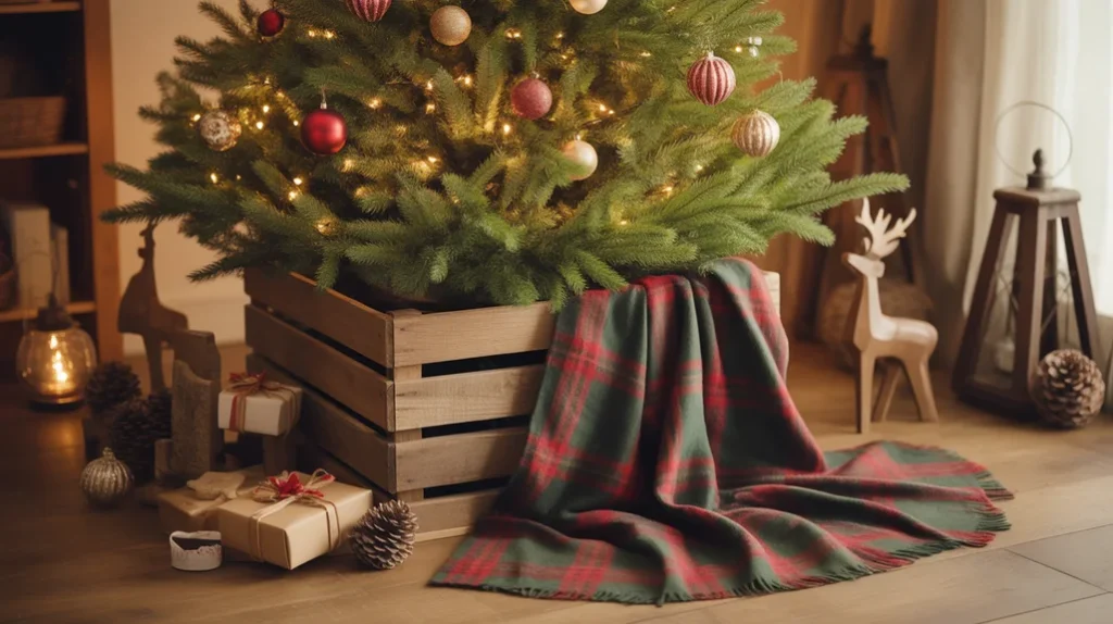 Farmhouse Christmas tree displayed in a wooden crate base with plaid blankets for rustic texture.