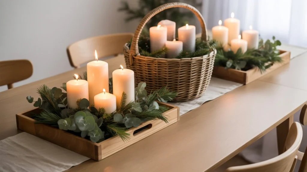 Wooden trays and woven baskets styled with greenery and candles in modern rustic bedroom decor