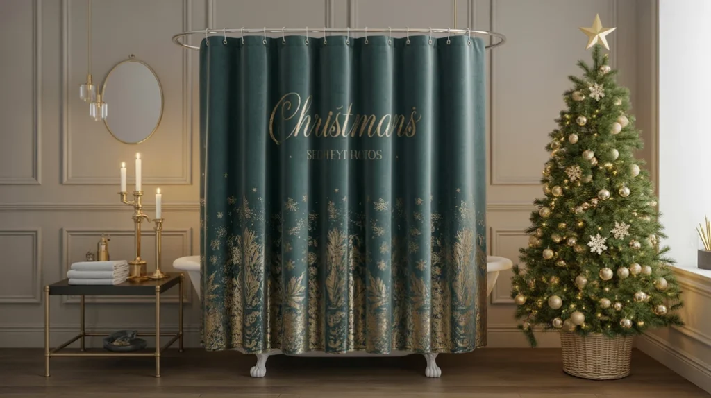 Luxury-style Christmas shower curtain with gold accents styled in an elegant holiday bathroom.