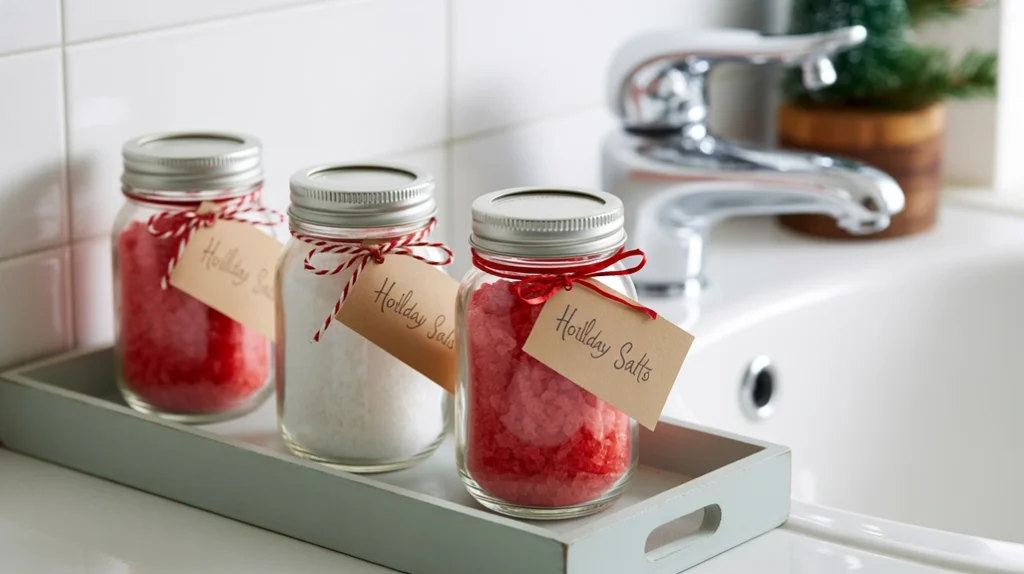 Holiday bath salt jars with red and white winter colors styled on bathroom shelves.