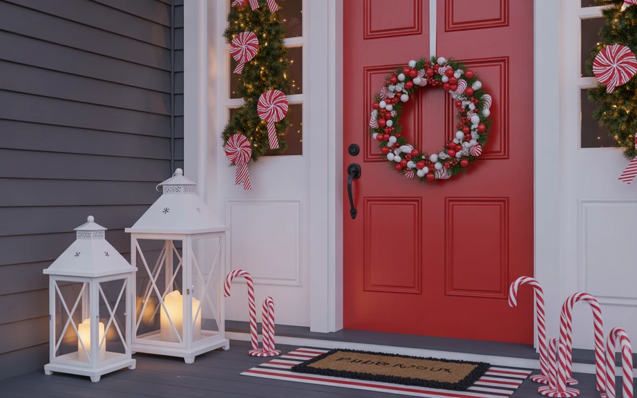 Candy Cane Wreath with White Lanterns