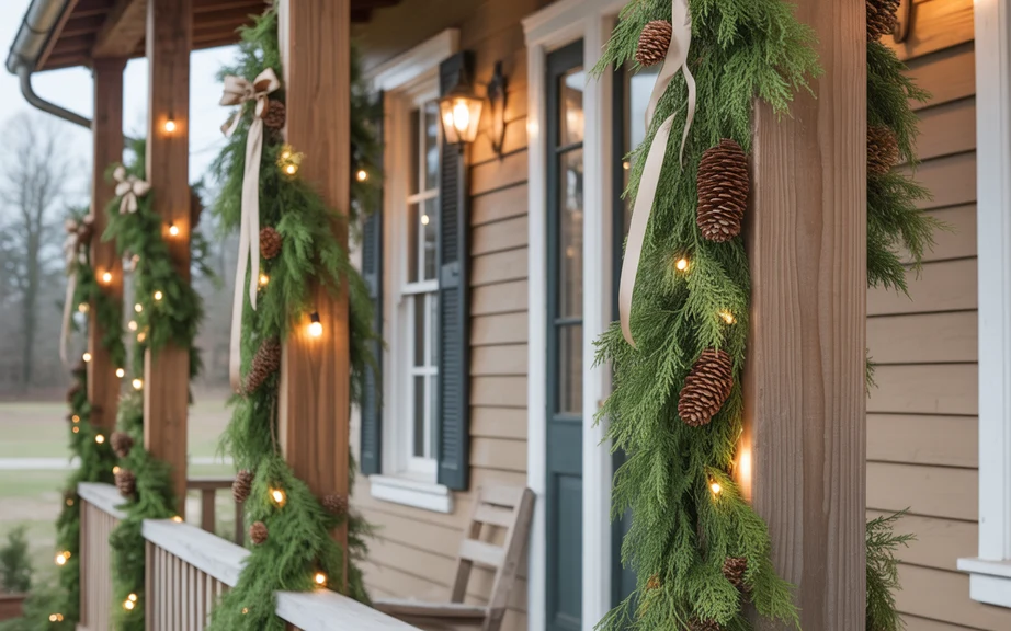 Farmhouse Columns Wrapped in Garland