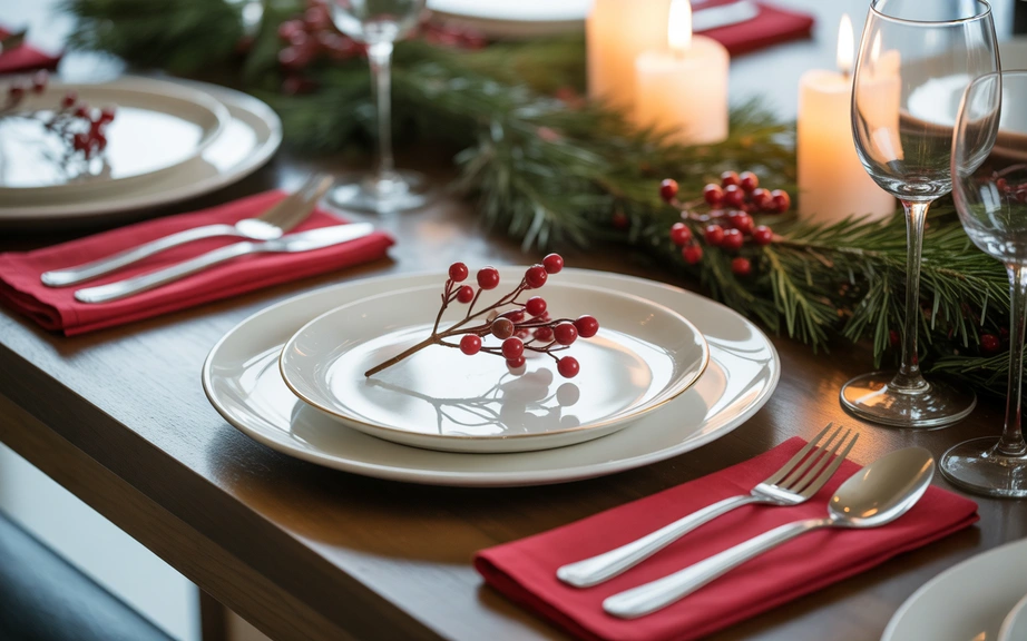 White Dinnerware with Red Berry Sprigs