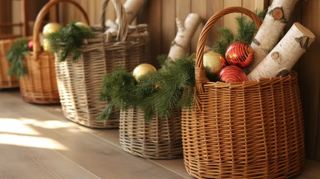 Holiday baskets filled with greenery, ornaments, and cozy Christmas decor in a hallway