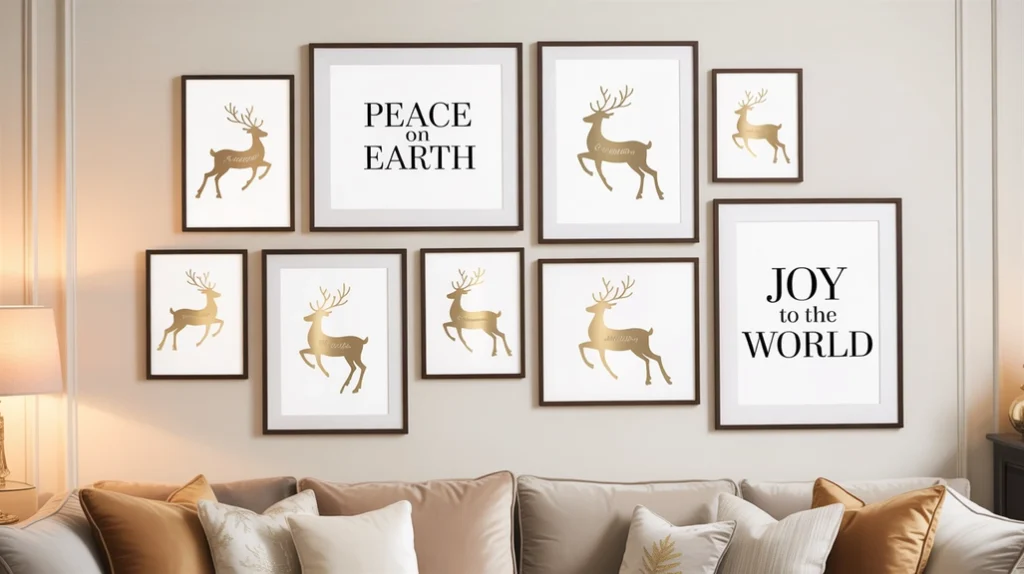 Minimalist Christmas wall art and festive prints adding charm to living room decor