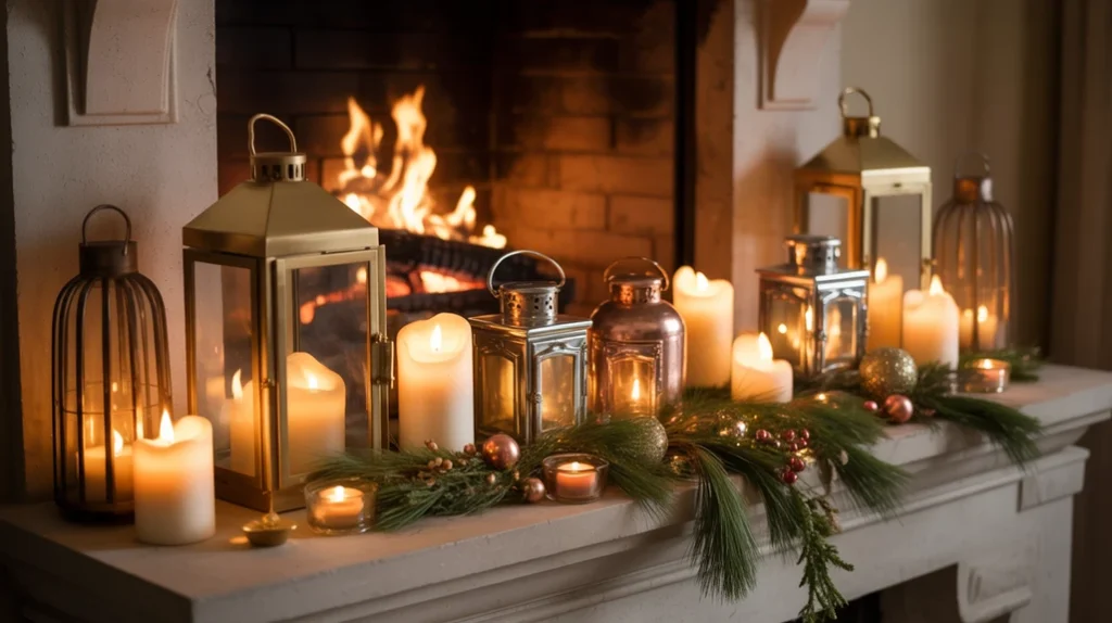 Lanterns and candles by fireplace creating cozy Christmas lighting ambiance