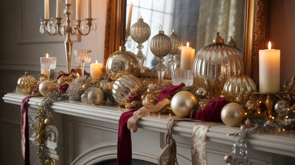 Vintage glam Christmas fireplace decor with mercury glass, silver ribbons, and crystal candleholders