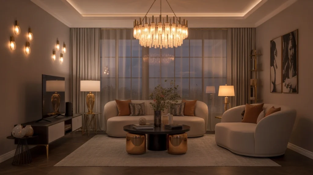 “Warm lighting paired with metallic finishes for cozy glam appeal.”
