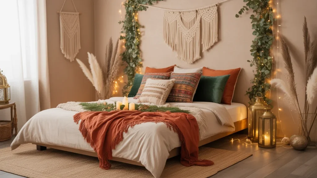 Eclectic boho Christmas bedroom ideas balanced with colorful patterns and calming neutral tones
