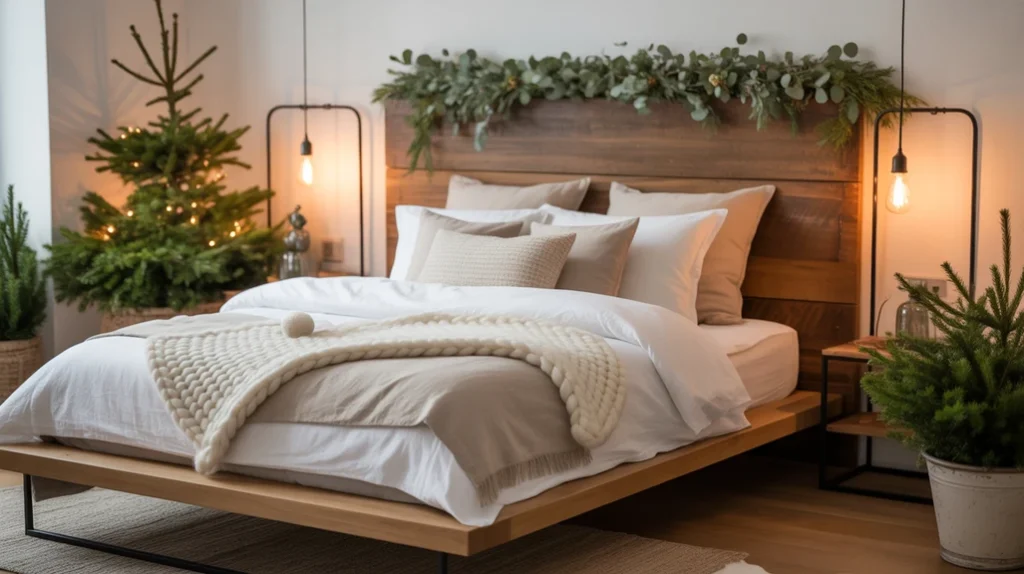 Balanced mix of wood, linen, and greenery creating cozy elegant rustic modern Christmas bedroom ideas
