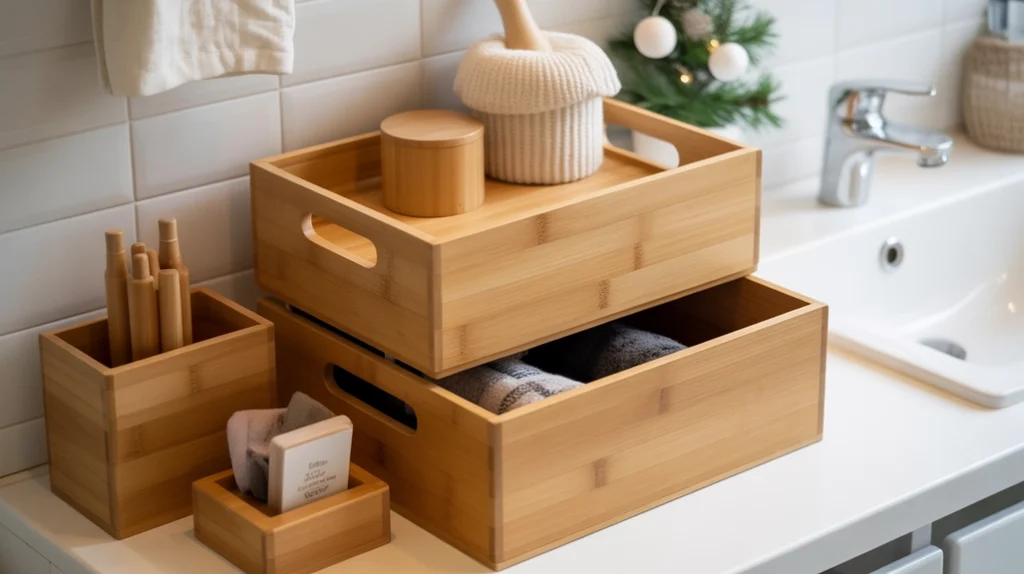 bamboo storage boxes and wooden organizers used in scandinavian christmas bathroom decoration