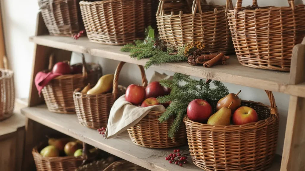 woven baskets with fruits and greenery used as farmhouse christmas kitchen decor