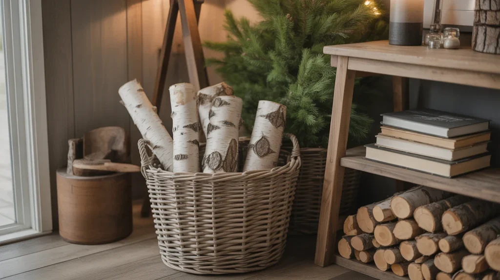 Birch logs and rustic wood decor creating a warm holiday entryway look”
