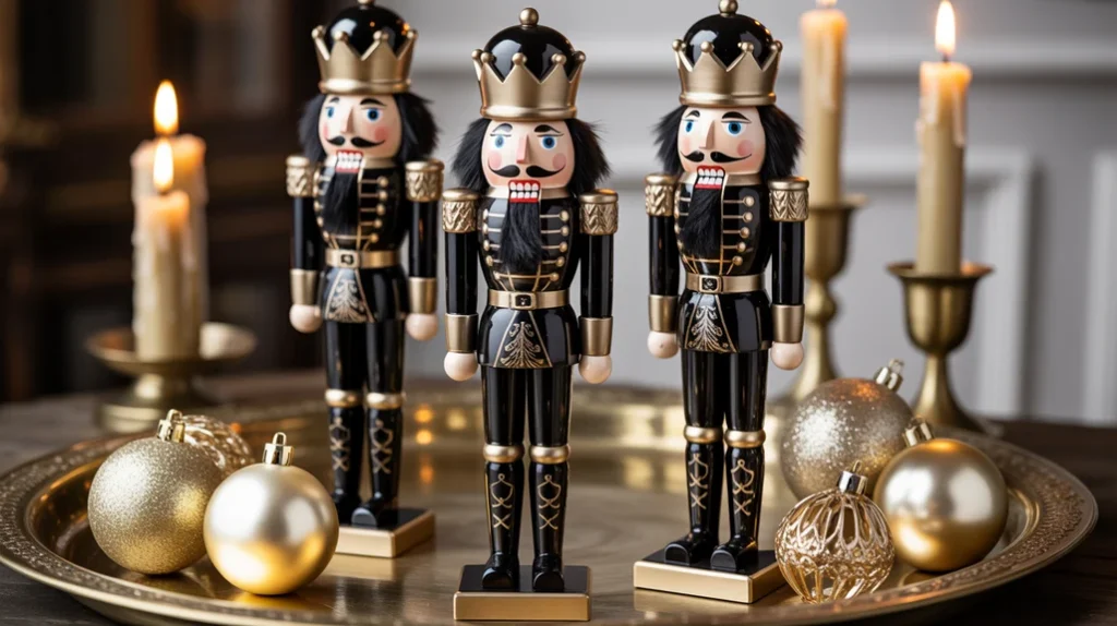 Elegant black and gold nutcracker figurines and candles completing luxury holiday decor.
