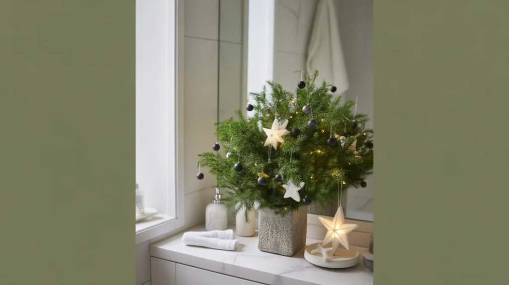 bathroom plant decorated with small black ornaments and white ceramic stars for a soft christmas look