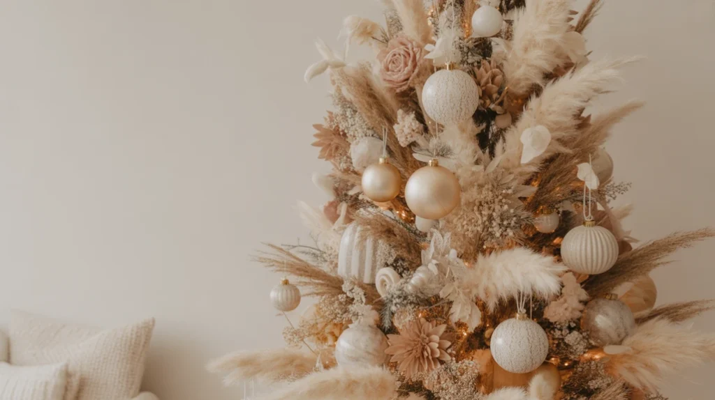 Boho Christmas tree with dried flowers and pampas grass