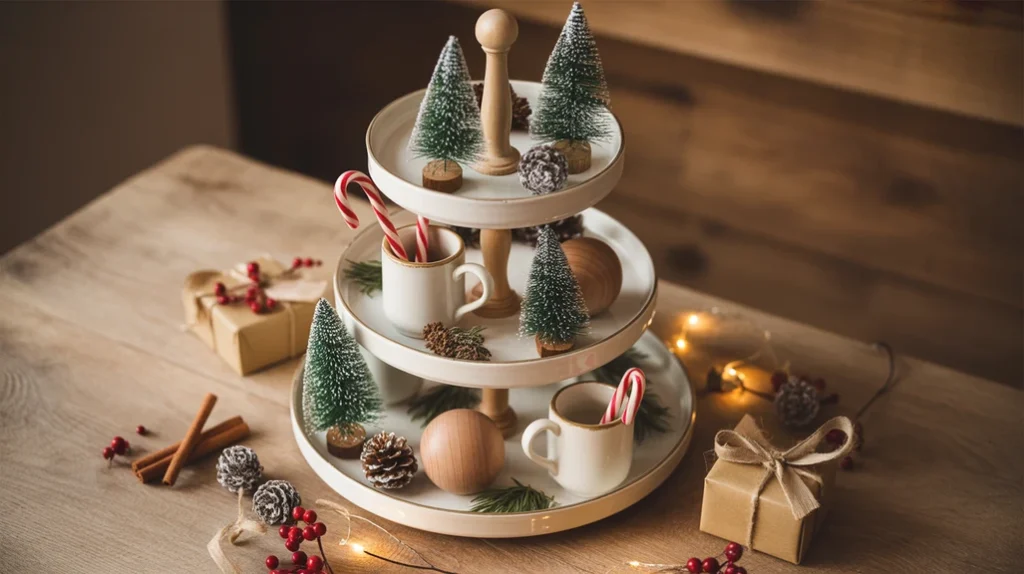DIY Christmas tiered tray with mini trees, mugs, and ornaments for affordable festive styling