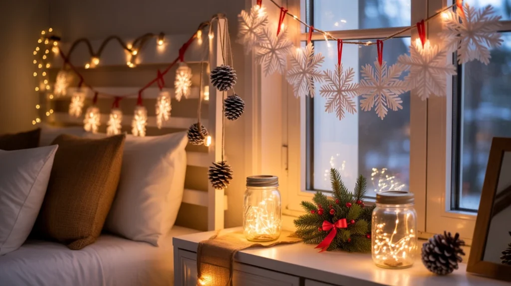Minimalist Christmas bedroom decor with neutral tones, greenery, and soft lighting