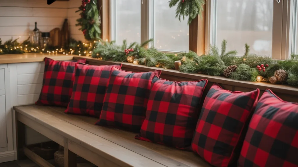 Kitchen bench with buffalo plaid pillows and greenery for a warm Christmas seating nook