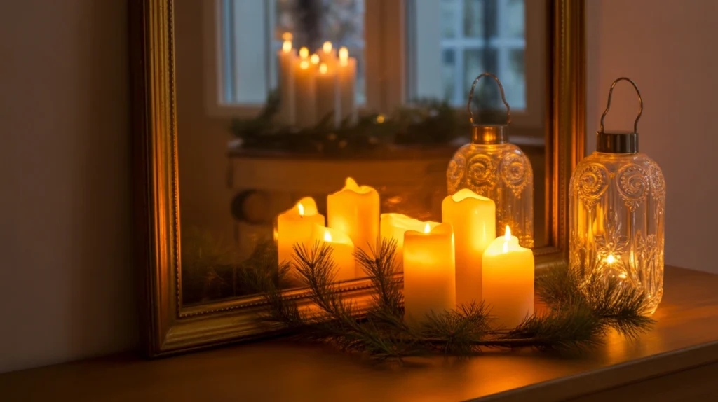 Candles and lanterns reflected in mirror creating bright cozy Christmas lighting and elegant holiday ambiance.