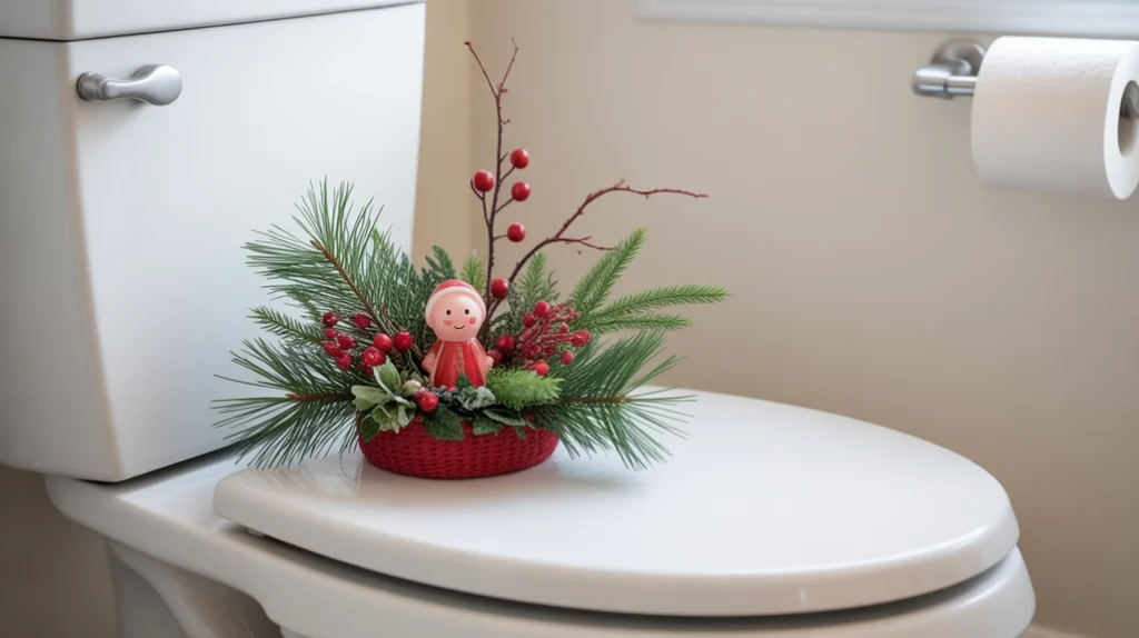 small christmas arrangement on toilet tank with pine branches and berries