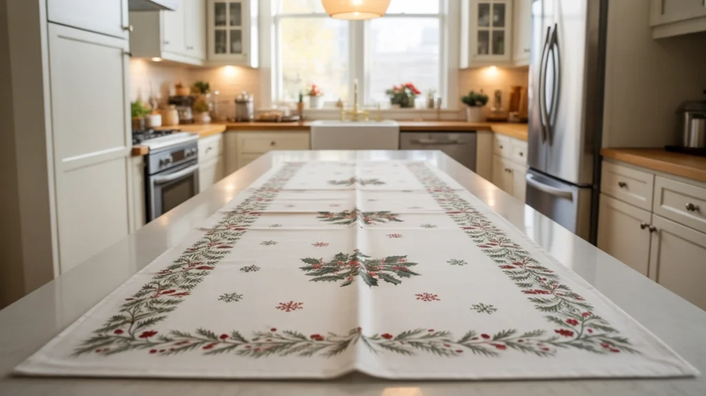 Holiday counter runner with subtle red and green patterns in a small kitchen