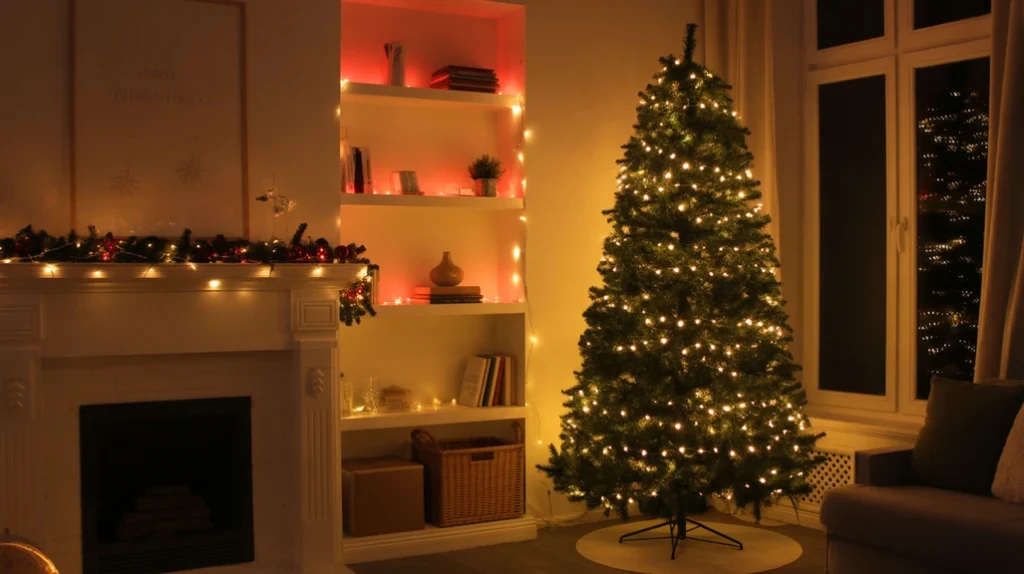 Warm white string lights and red LED accents illuminating a cozy red and white Christmas living room.