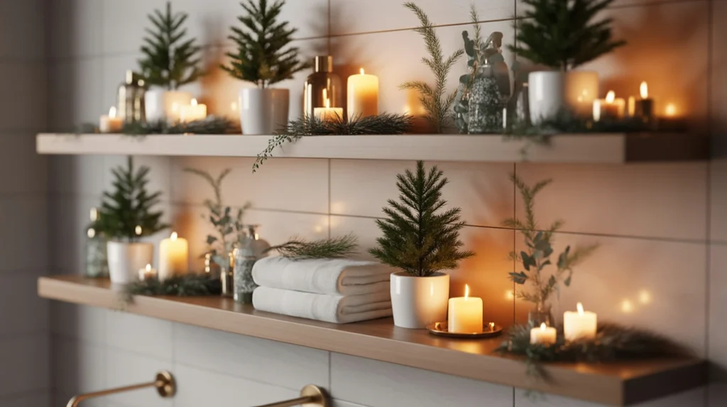 Bathroom shelves styled with mini trees, candles, and winter greenery for a festive look
