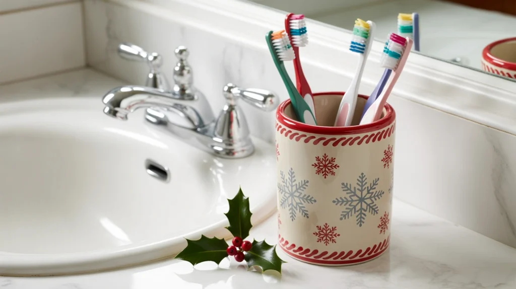 christmas-themed toothbrush holder adding a fun seasonal detail to bathroom sink