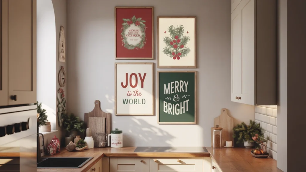 Christmas wall art or printable decor displayed in a small apartment kitchen using vertical space