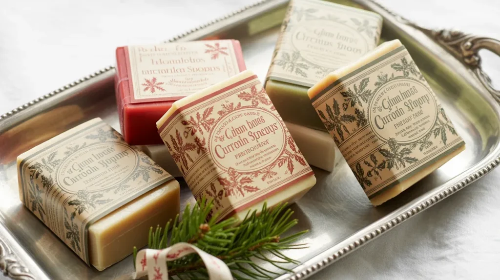 retro-style christmas soap bars wrapped in nostalgic print paper on wooden tray