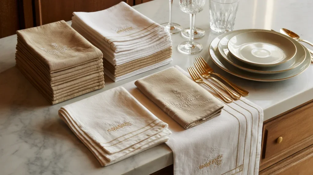 coordinated beige linens and napkins bringing harmony to a classy christmas kitchen decor style