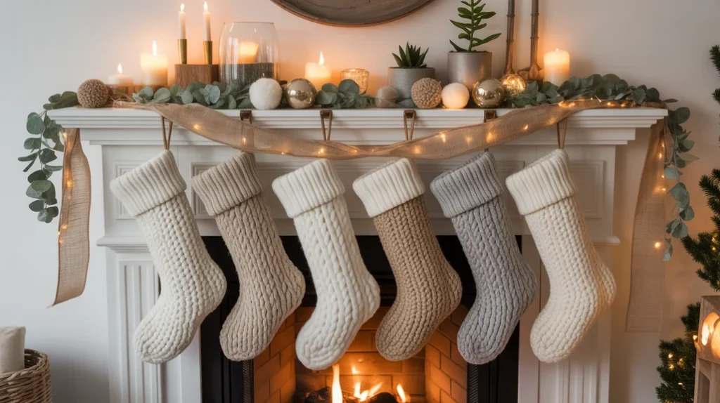 Christmas fireplace decorated with heirlooms and vintage ornaments