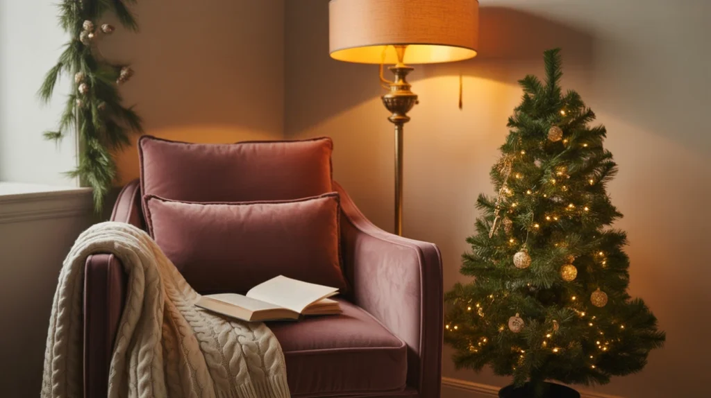 Cozy Christmas reading nook with armchair, blanket, and soft golden lamp light