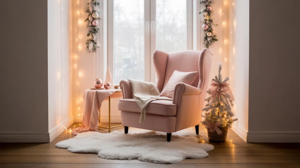 Cozy reading nook with pink chair, fluffy rug, and fairy lights for feminine Christmas style