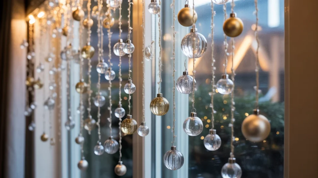Curtain of metallic and glass ornaments hanging in front of Christmas window reflecting festive light.
