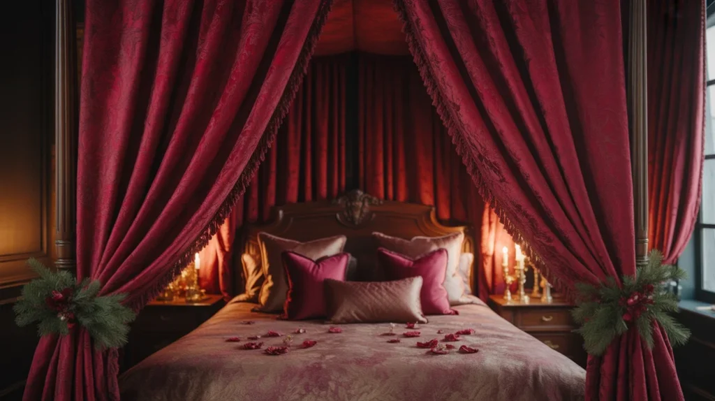 Velvet curtains and canopy bed in red tones enhancing the warm holiday bedroom look