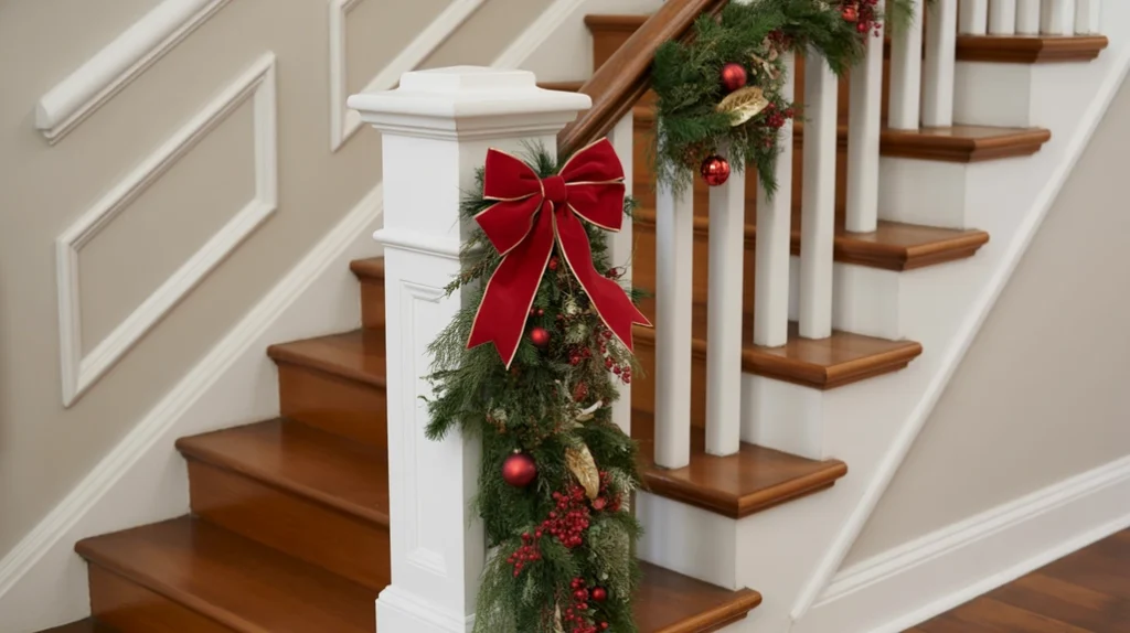 “Decorated newel post with garland and bow for a festive Christmas staircase focal point”