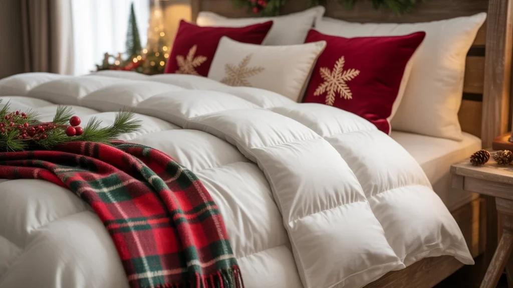 Down comforter layered with plaid throw and festive pillows in warm Christmas bedroom design