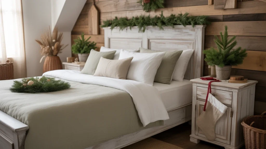 Earthy tones of beige, green, and brown with wood accents for rustic farmhouse Christmas bedroom decor