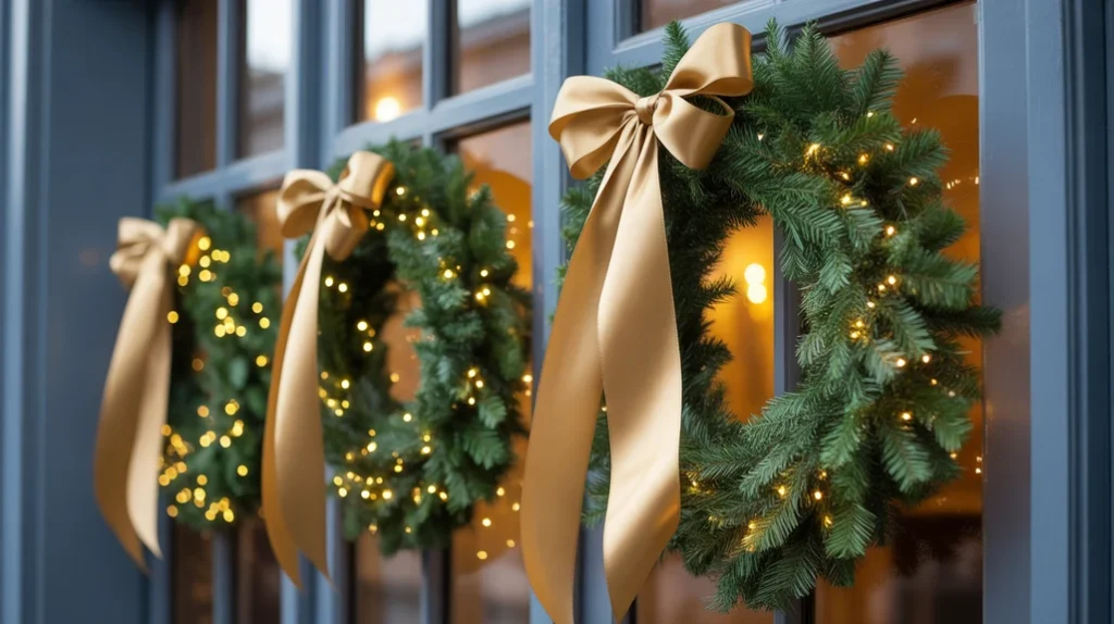 Windows decorated with emerald and gold wreaths and fairy lights adding festive glow to the living room.