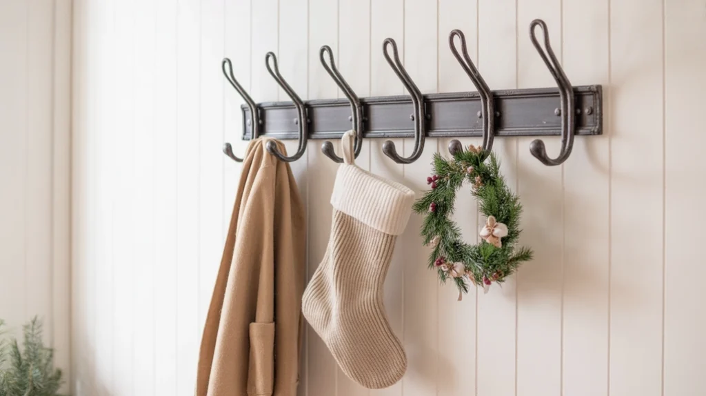 “Farmhouse coat hooks decorated with winter scarves and seasonal Christmas items”