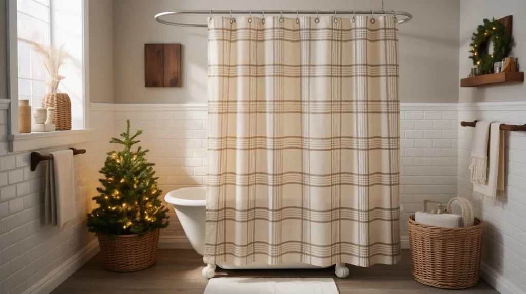 rustic farmhouse shower curtain with subtle plaid pattern completing christmas look