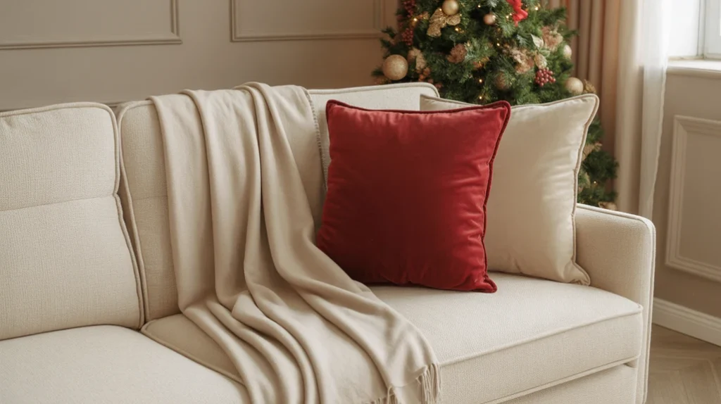 Velvet and knit festive pillow covers on a sofa in a cozy small apartment Christmas living room.