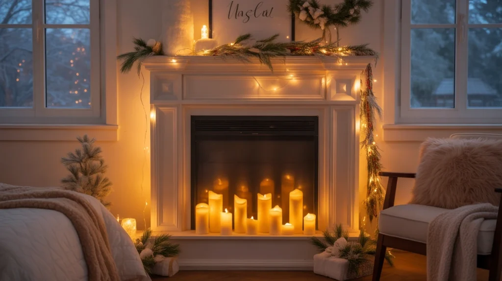 Faux fireplace with LED candles and twinkle lights creating cozy Christmas bedroom ambience